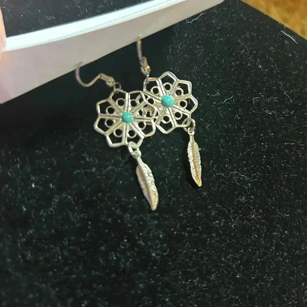 Dangling‎ silver earrings with feather